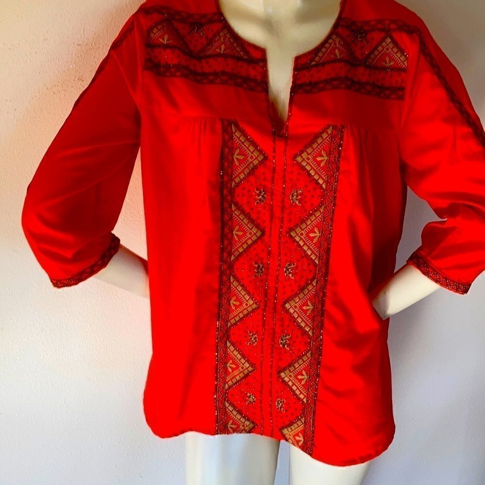 M M Couture Embroidered beaded lined three-quarter sleeve top Tangerine tan Med